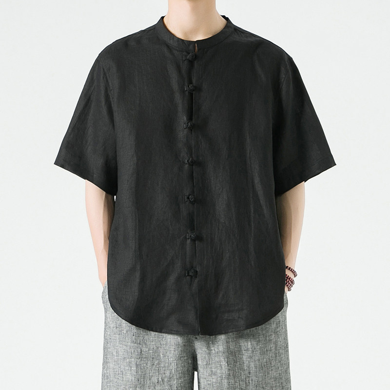 纯亚麻夏季风男装短袖新中式衬衫盘扣唐装A118-C805-P85，男装T恤，电商A118