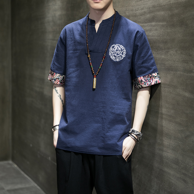 2025夏季风唐装V领短袖棉麻大码宽松汉服刺绣男A118-A02-P45，男装T恤，电商A118