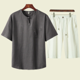 2025夏季风亚麻短袖T恤套装唐装休闲短裤男A118-T915101P110，男装休闲套装，电商A118
