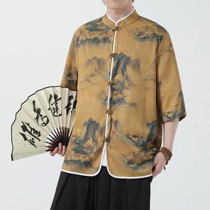 夏季风冰丝唐装盘扣中式印花半袖衬衣汉服男A118-C05P65控88图片