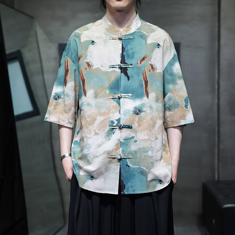 夏季风男装短袖衬衫大码宽松印花衬衣汉服男A118-C22P65控88,男装衬衫,电商A118
