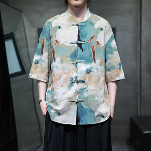 夏季风男装短袖衬衫大码宽松印花衬衣汉服男A118-C22P65控88,男装衬衫,电商A118