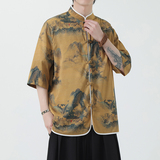 夏季风冰丝唐装盘扣中式印花半袖衬衣汉服男A118-C05P65控88，男装T恤，电商A118
