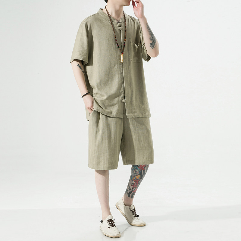 2025夏季亚麻短袖套装风棉麻大码男装A118-TZ201-P110-控168,男装休闲套装,电商A118