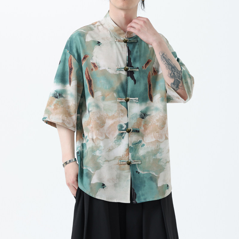 夏季风男装新中式短袖冰丝印花半袖衬衫汉服A118-C22P65控88图片