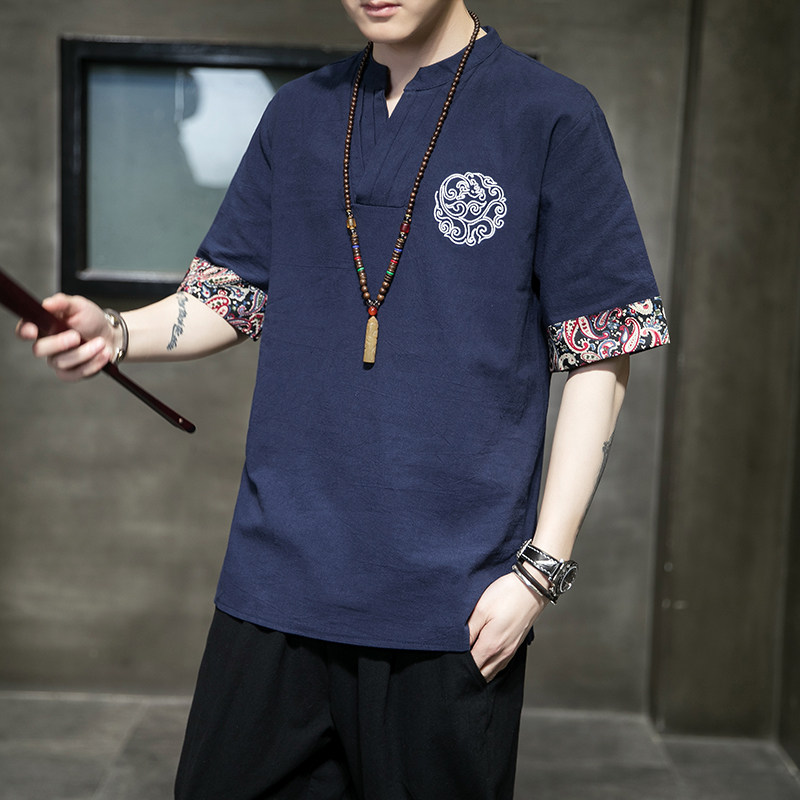 2025夏季风唐装V领短袖棉麻大码宽松汉服刺绣男A118-A02-P45,男装T恤,电商A118