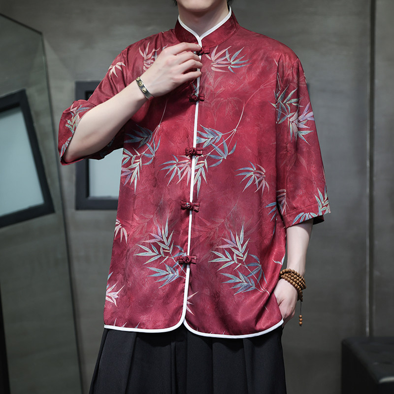 2025夏季风男装中式唐装印花复古冰丝短袖衬衫A118-C02P65,男装衬衫,电商A118