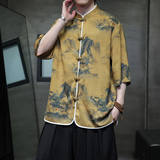 2025夏季风冰丝唐装盘扣中式印花半袖衬衣男A118-C05P65控88，男装T恤，电商A118