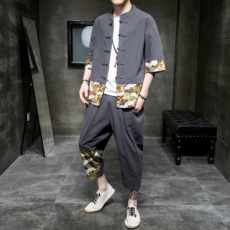 夏季风唐装汉服印花拼接复古短袖套装两件套男A118-TZ206P100，男装休闲套装，电商A118