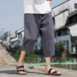 夏季风休闲裤棉麻新中式大码七分裤宽松沙滩裤男A118-K88P30,抽绳裤外套搭配图片