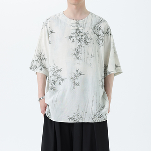 夏季风男装新中式棉麻短袖亚麻T恤印花汉服男A118-C23P65控88,男装T恤,电商A118