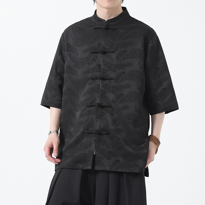 2025夏季风男装唐装短袖盘扣新中式提花衬衣A118-C07P70控98,男装T恤,电商A118