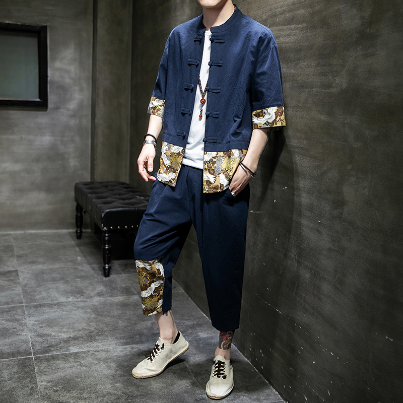 2024风夏季棉麻短袖盘扣套装印花唐装两件套男A118-TZ206P100，男装休闲套装，电商A118