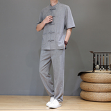 夏季风亚麻天丝高端唐装短袖套装茶服男A118-TZ2501P165控228，男装休闲套装，电商A118