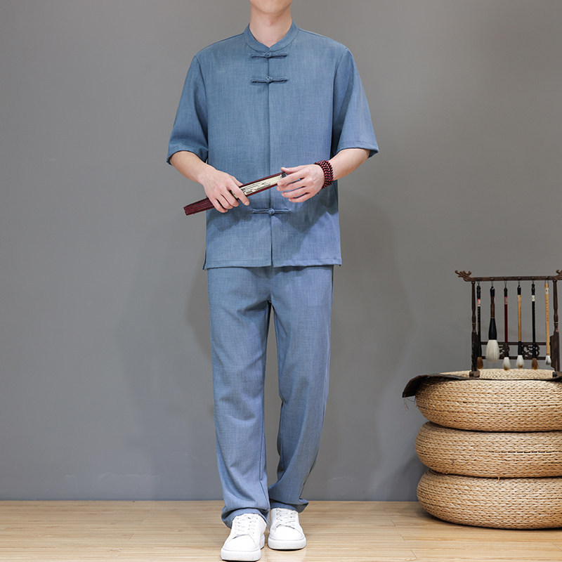 夏季风唐装天丝亚麻高端短袖轻奢套装男A118-TZ2502P165控228,男装休闲套装,电商A118