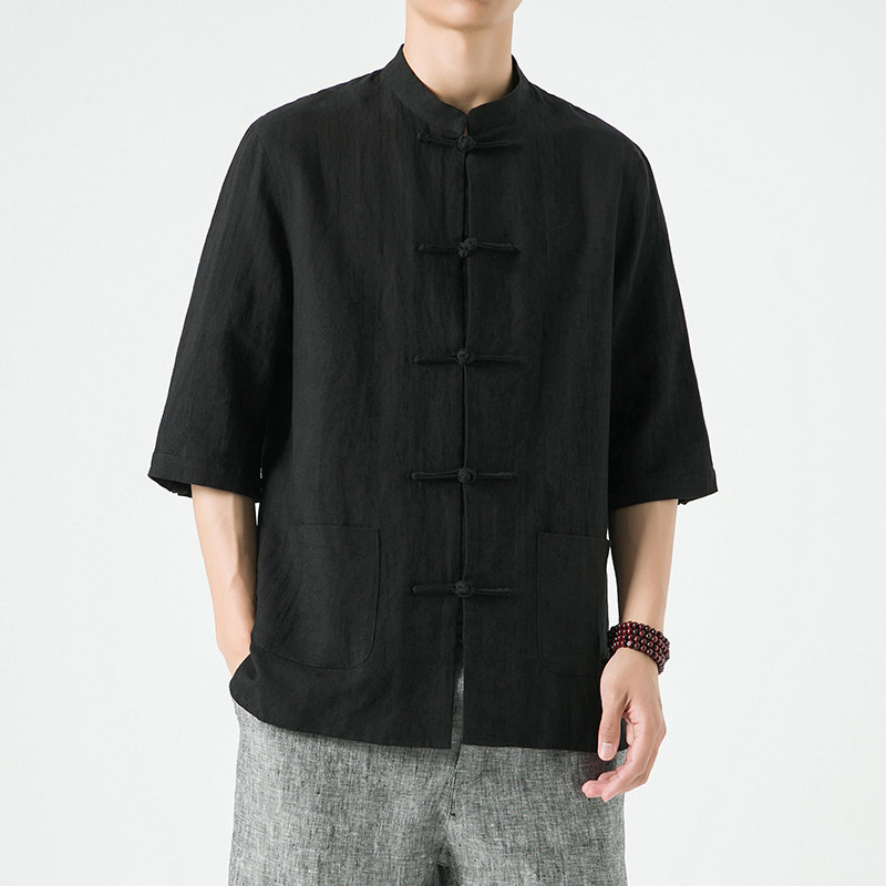 新中式男装风亚麻唐装夏季五分袖棉麻汉服男DS-A118-C803-P80,男装T恤,电商A118