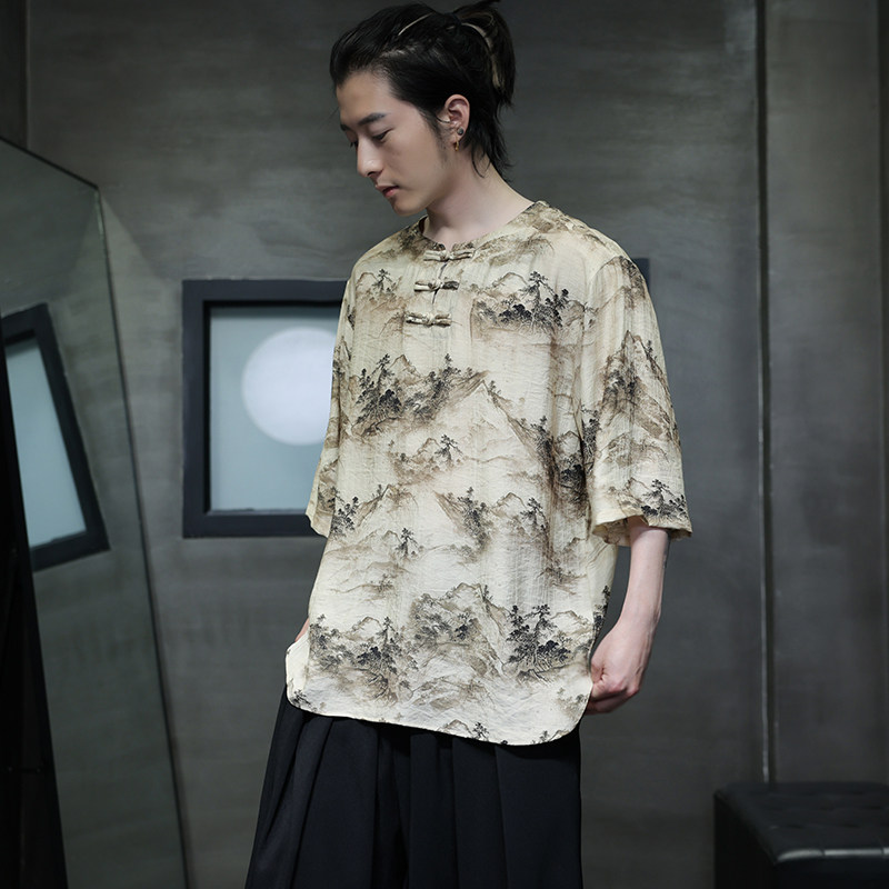 夏季风男装唐装汉服短袖新中式冰丝印花T恤A118-T501P60控78,男装T恤,电商A118