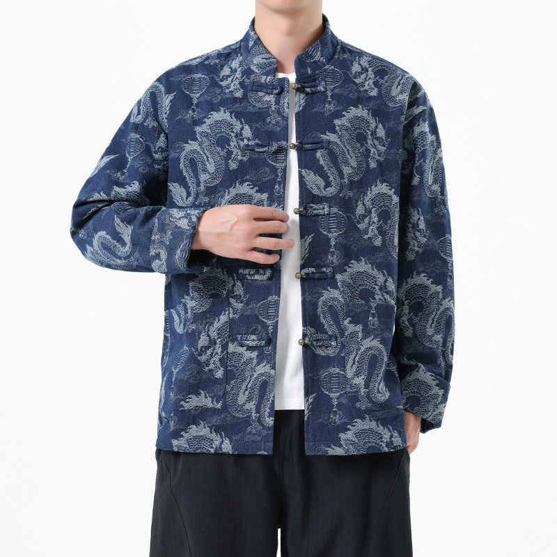 秋冬季风唐装牛仔外套中式龙纹提花复古夹克男A118-A8813P135,男装工装外套,电商A118