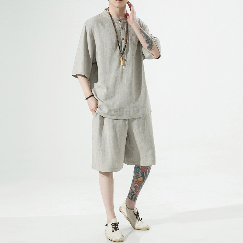 2025夏季风唐装亚麻两件套棉麻汉服男A118-TZ203P110-控168,男装民族服装,电商A118