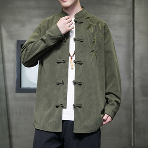 秋季风男装衬衣灯芯绒唐装汉服大码透气刺绣衬衫A118-C823P70图片