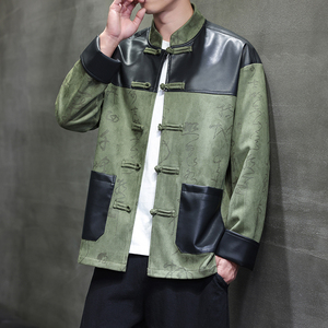 春季风夹克麂皮绒唐装中式复古拼接PU皮外套男A118-A8831P120,披肩的搭配什么衣服好看图片