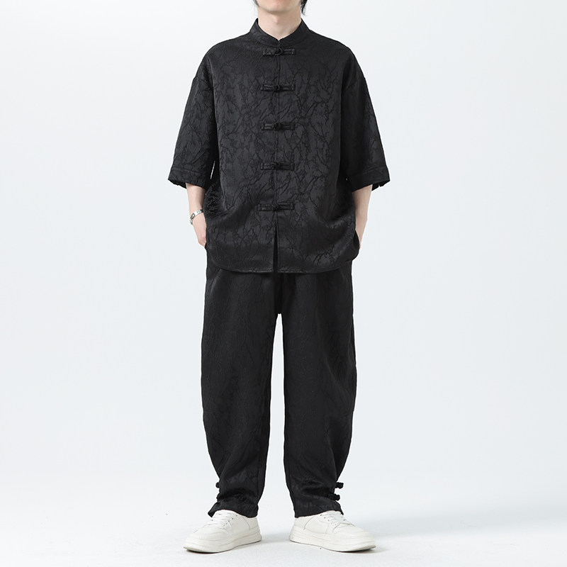 夏季风套装大码唐装新中式衬衣两件套男A118-TZ030P110控158,男装休闲套装,电商A118