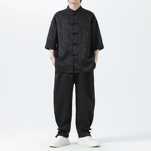 夏季风套装大码唐装新中式衬衣两件套男A118-TZ030P110控158图片