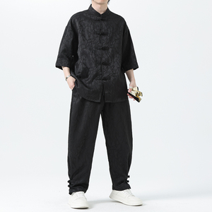 夏季风套装大码唐装新中式衬衣两件套男A118-TZ030P110控158图片