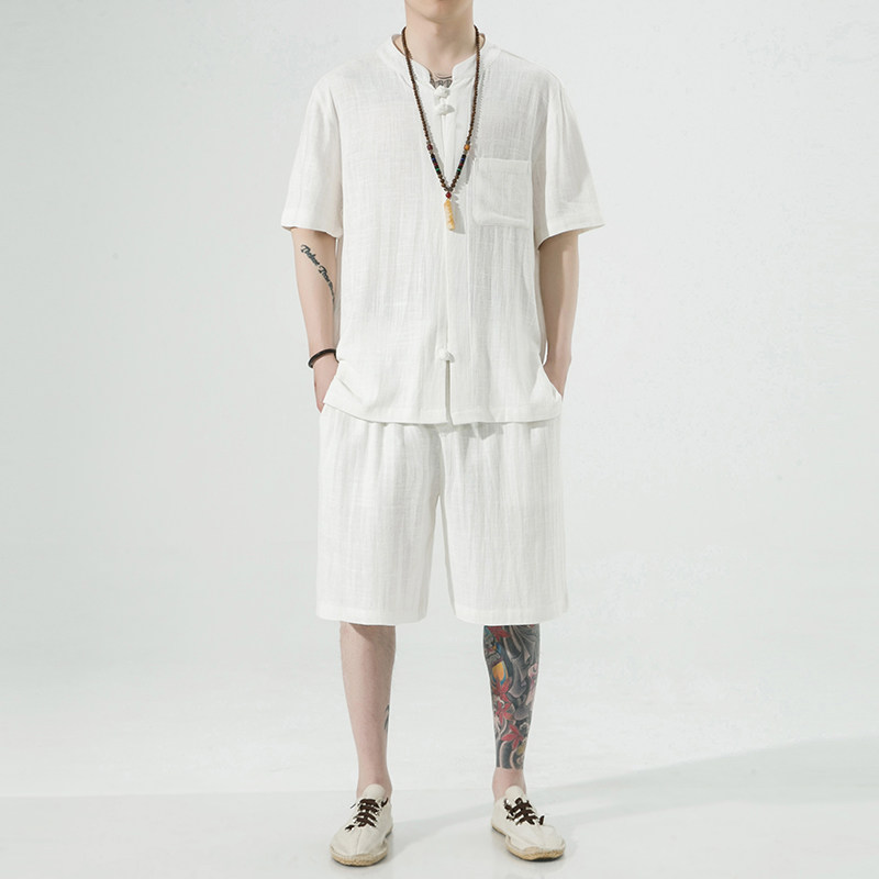 2025夏季亚麻短袖套装风棉麻大码男装A118-TZ201-P110-控168,男装休闲套装,电商A118