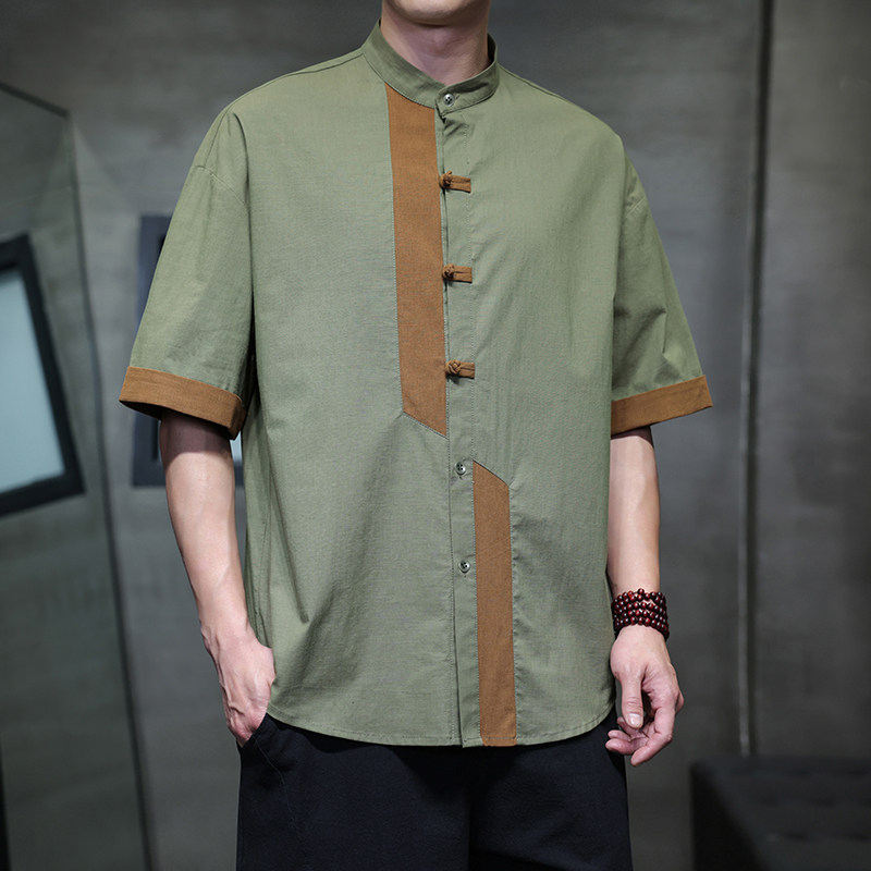 夏季风男装新中式唐装复古拼接大码短袖衬衫A118-C031P70控99,男装衬衫,电商A118