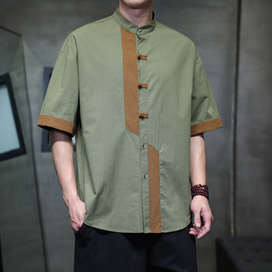夏季风男装新中式唐装复古拼接大码短袖衬衫A118-C031P70控99图片