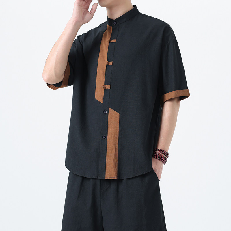 2025夏季风唐装汉服短袖复古大码青年衬衫男A118-C031P70控99,男装T恤,电商A118