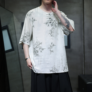 夏季风男装棉麻短袖新中式亚麻汉服印花T恤A118-C23P65控88图片