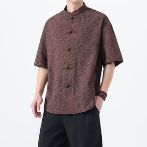 2025夏季风男装新中式唐装短袖豹纹复古衬衫A118-C033P70控99,中关村年轻人男装最新衣着搭配图片