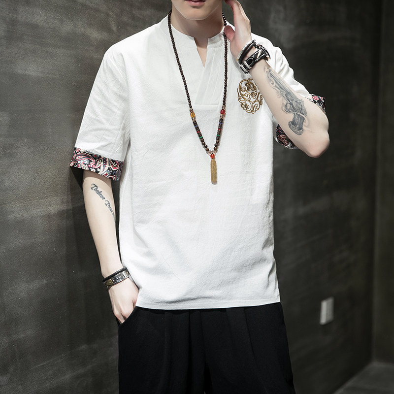 风夏季唐装短袖T恤棉麻亚麻大码宽松汉服刺绣男A118-A02-P45,男装T恤,电商A118