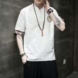 风夏季唐装短袖T恤棉麻亚麻大码宽松汉服刺绣男A118-A02-P45，男装T恤，电商A118