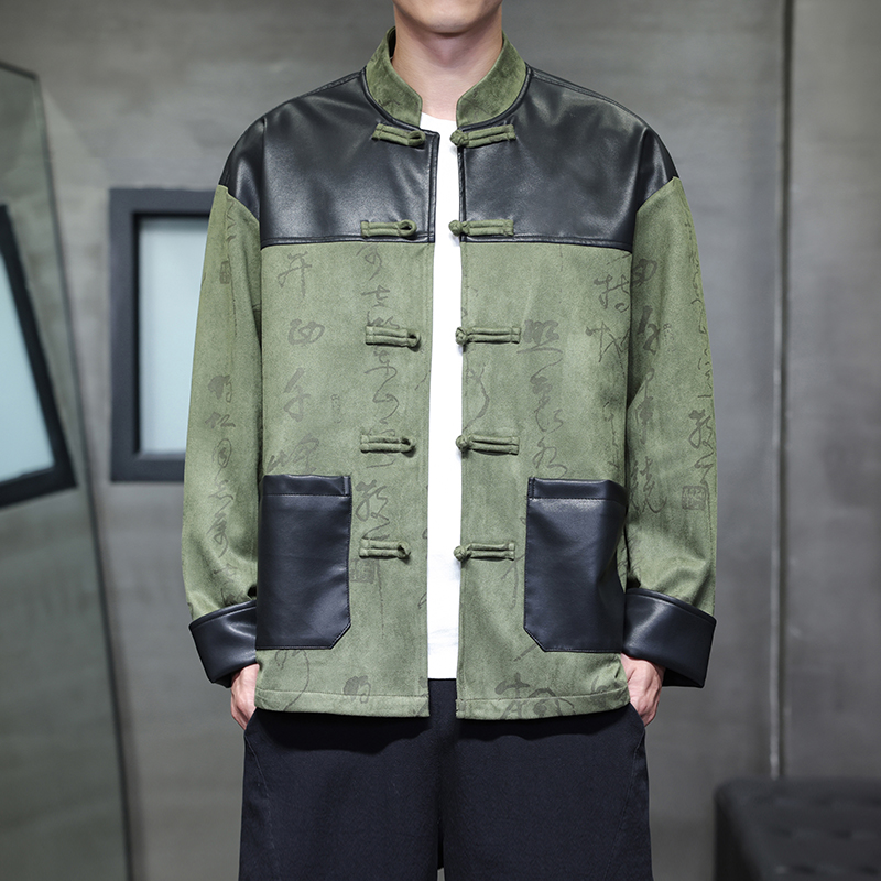 秋风男装PU皮拼接夹克麂皮绒唐装中式复古外套A118-A8831P120，男装夹克，电商A118