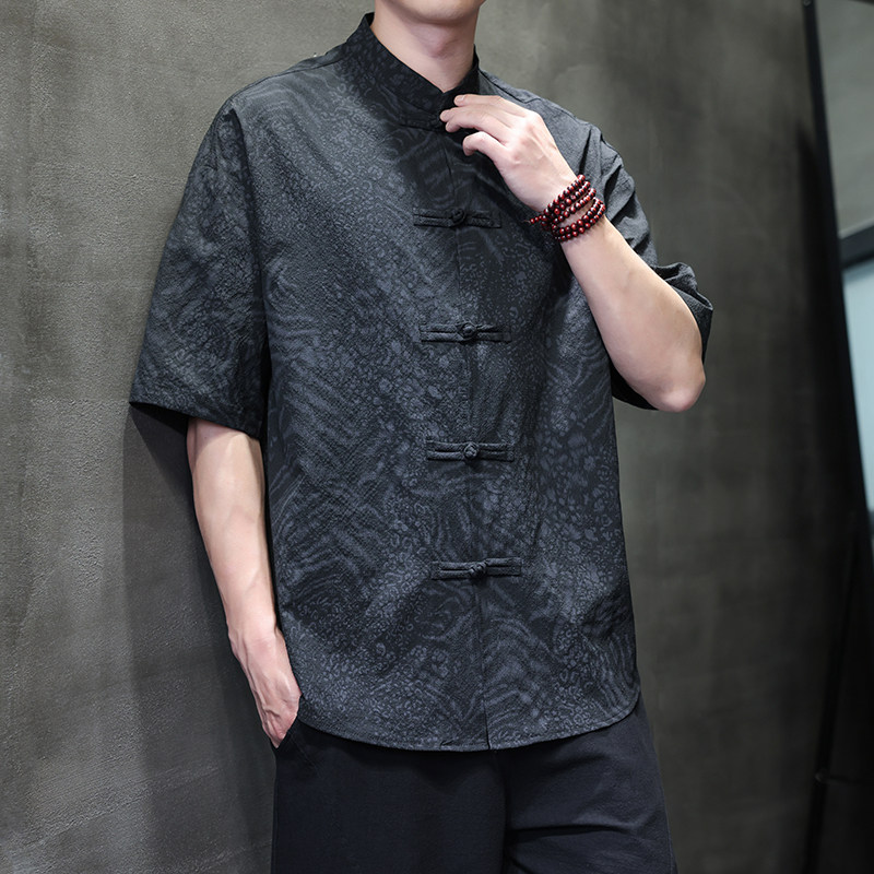2025夏季风男装短袖唐装汉服中式复古衬衫A118-C033P70控99,男装衬衫,电商A118