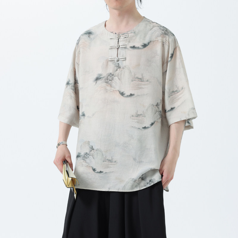 夏季风冰丝短袖新中式汉服印花半袖T恤男A118-T501P60控78,男装T恤,电商A118