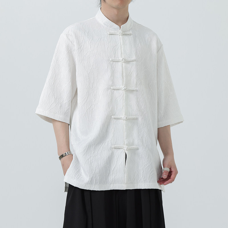 夏季风男装盘扣新中式刺绣唐装大码短袖衬衫A118-C09P70控98,男装衬衫,电商A118