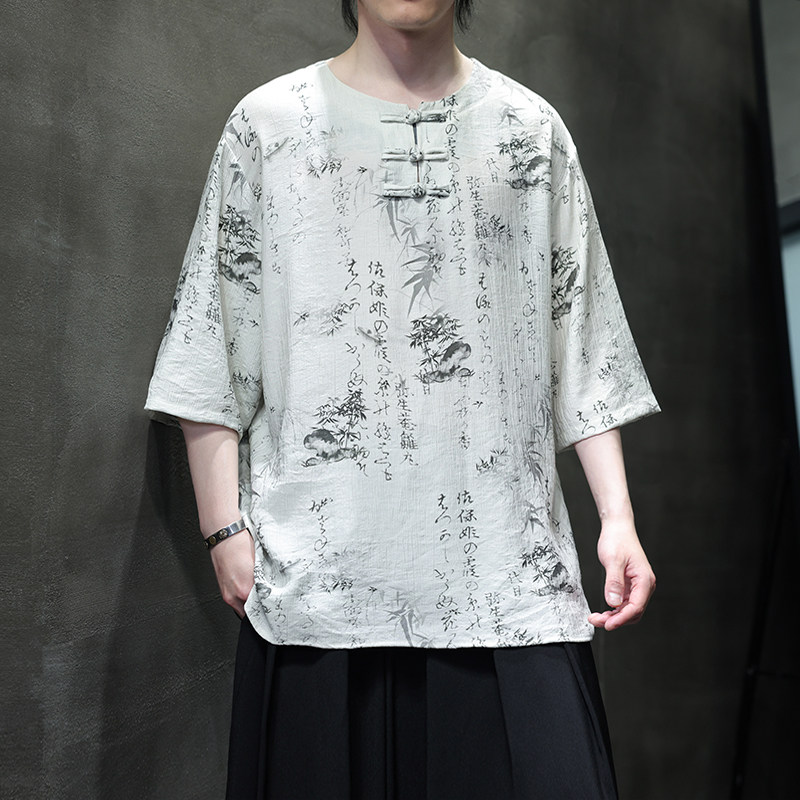 夏季风男装冰丝短袖T恤新中式印花改良汉服A118-T501P60控78,男装T恤,电商A118