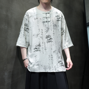 夏季风男装冰丝短袖T恤新中式印花改良汉服A118-T501P60控78图片