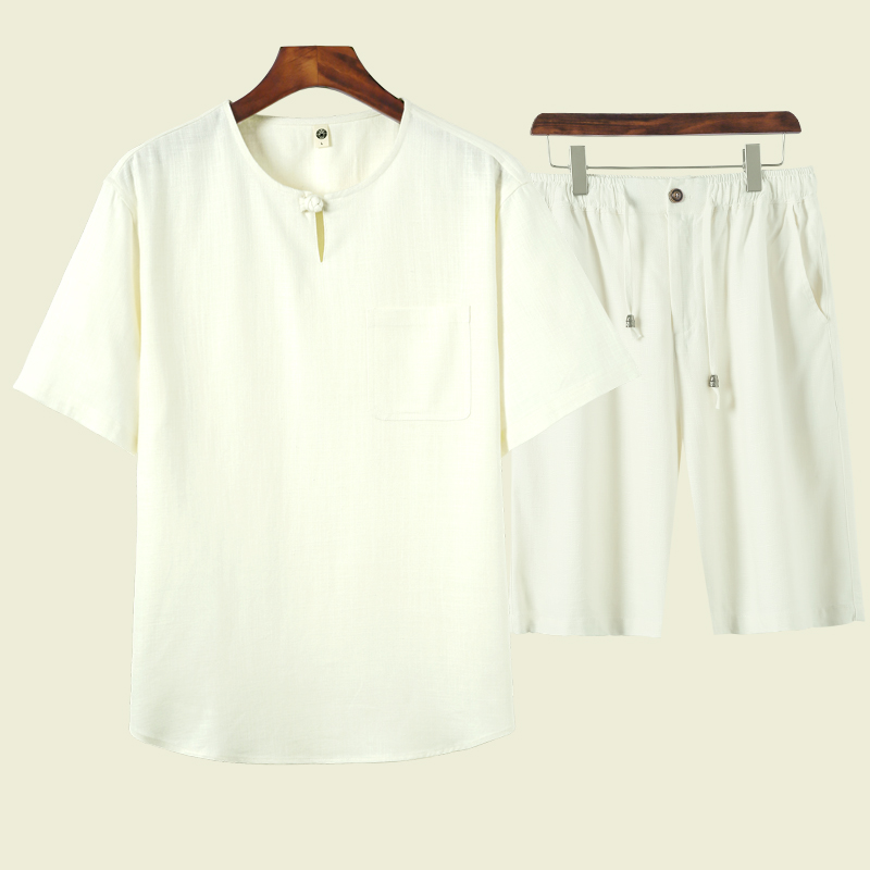 2025夏季风亚麻短袖T恤套装唐装休闲短裤男A118-T915101P110，男装休闲套装，电商A118