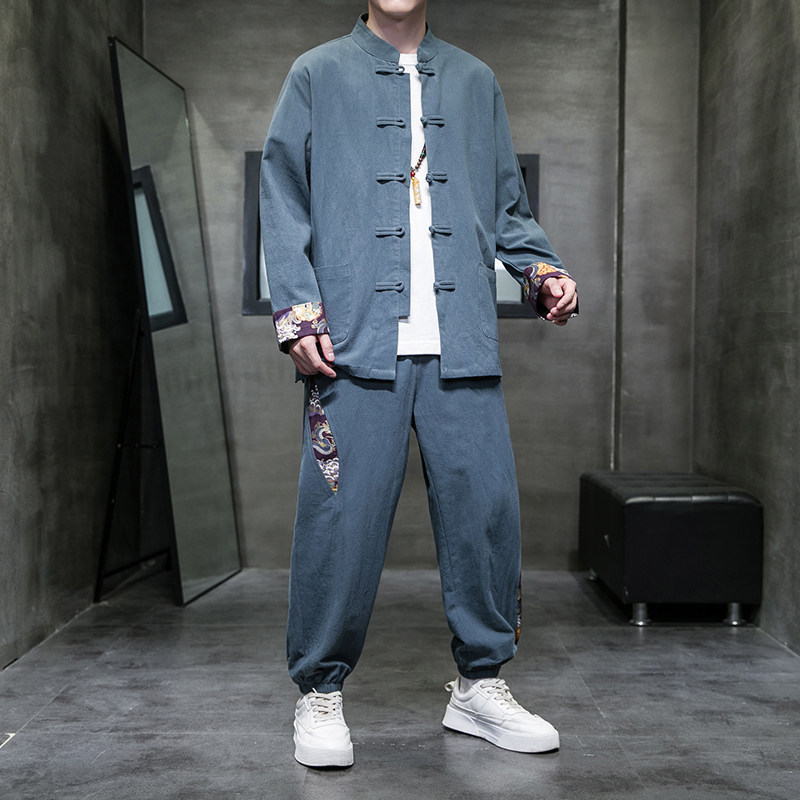 秋季风男装棉麻套装新中式唐装印花外套两件套A118-TZ205P105,男装休闲套装,电商A118