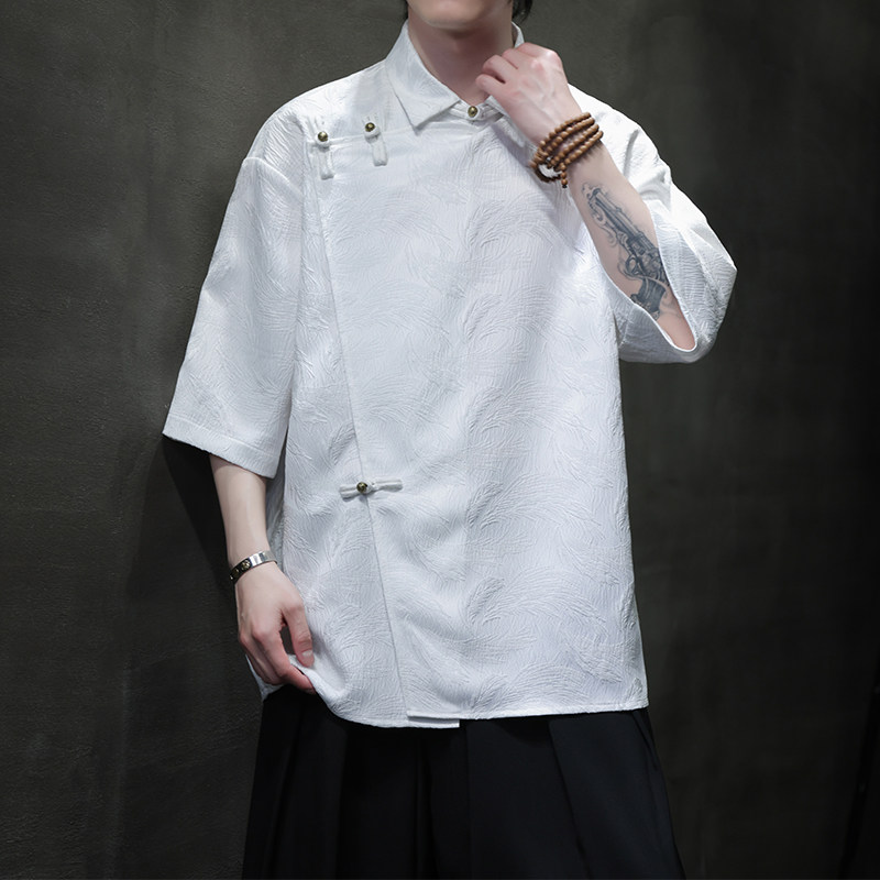 2025夏季风唐装中式短袖衬衫复古提花铜扣衬衣男A118-C08P65,男装衬衫,电商A118