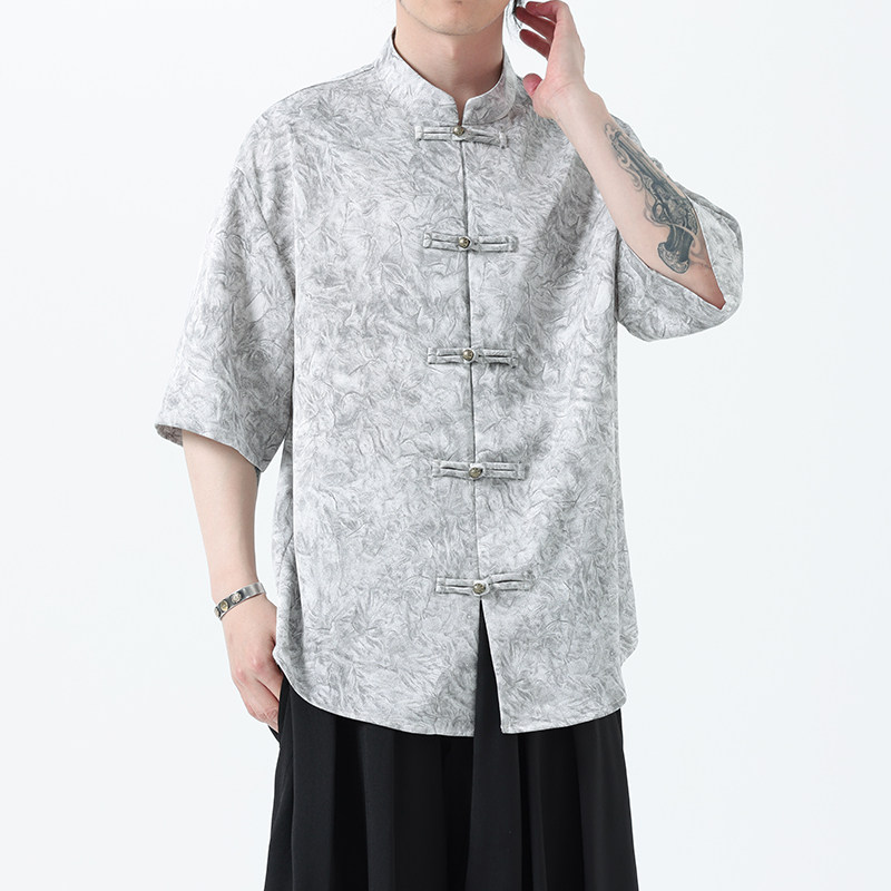 夏季风男装冰丝短袖衬衫新中式印花改良汉服A118-C21P65控88,男装T恤,电商A118