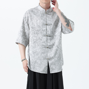 夏季风男装冰丝短袖衬衫新中式印花改良汉服A118-C21P65控88图片