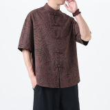 2025夏季风中式唐装短袖衬衫复古豹纹T恤男A118-C033P70控99，男装T恤，电商A118