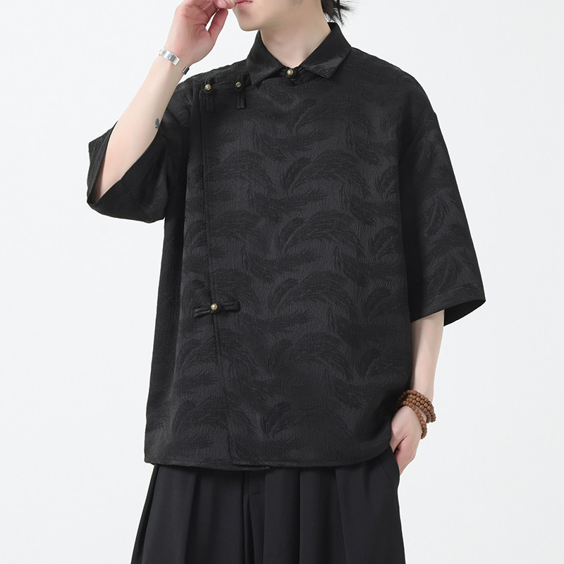 夏季风唐装男装五分袖衬衫复古提花铜扣衬衣A118-C08P65控88，男装T恤，电商A118