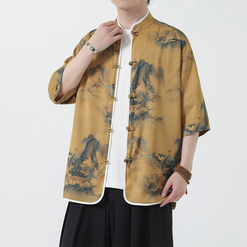 夏季风冰丝唐装盘扣中式印花半袖衬衣汉服男A118-C05P65控88,男装T恤,电商A118